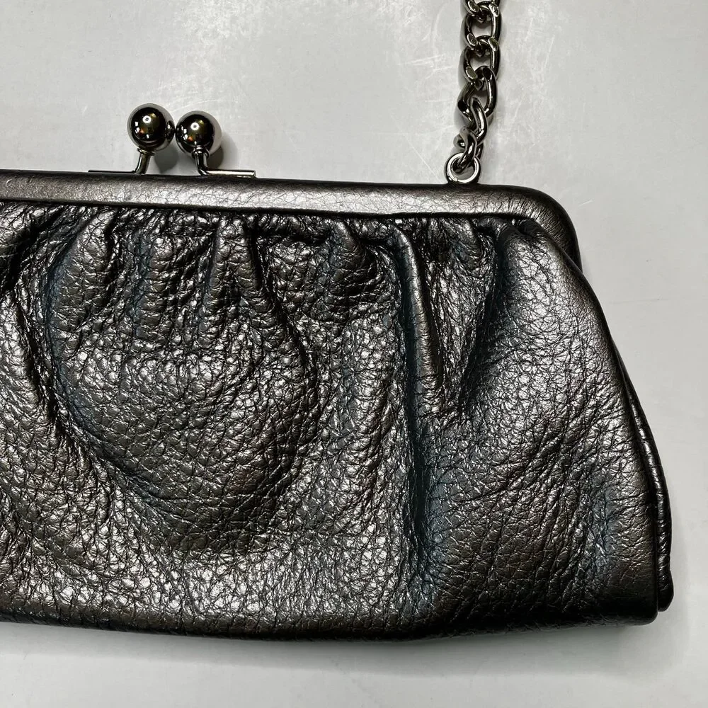 Talbot's Metallic Silver Gray Leather Clutch Evening Purse With Shoulder Strap